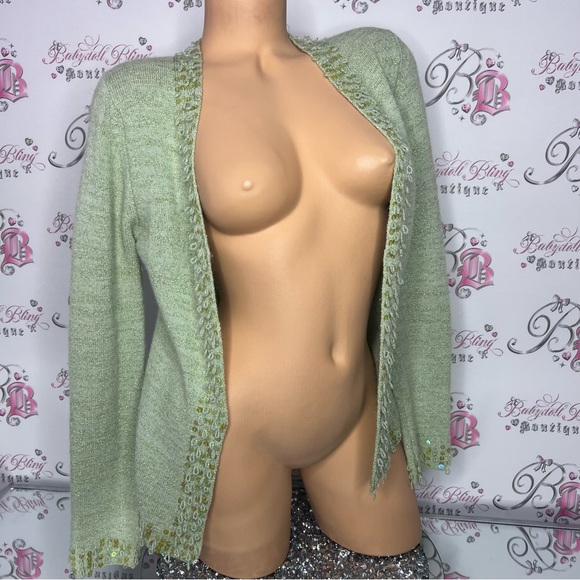 Y2k sparkly green cardigan sequins beaded glitter silver thread fairy π§ vibes - Picture 9 of 14